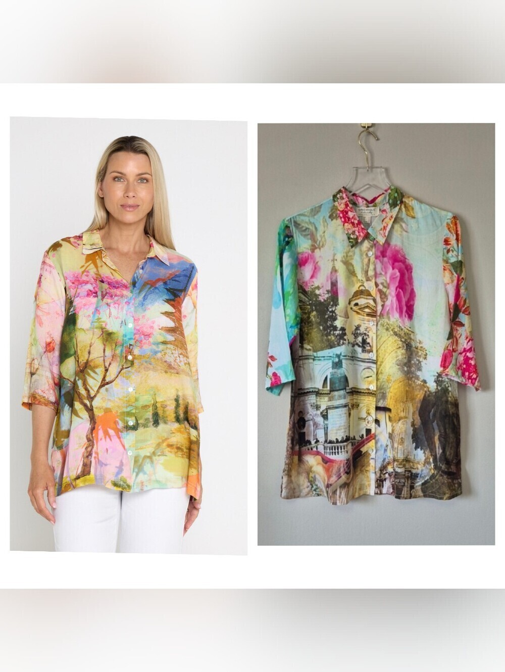 Orientique Size S Graphic Printed  Button Down Blouse Top, Summer Unique Relaxed